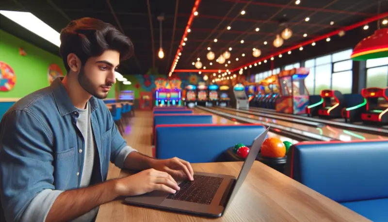 Tylping on a computer at a Family Entertainment Center